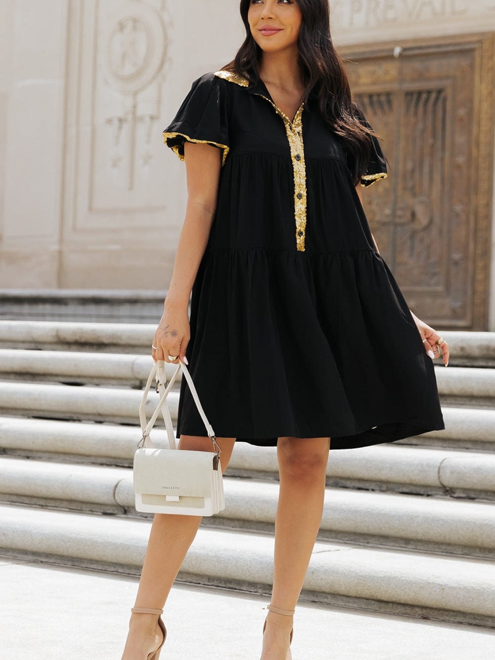 Chic Black Sequin-Trimmed Mini Shirt Dress with Bubble Sleeves