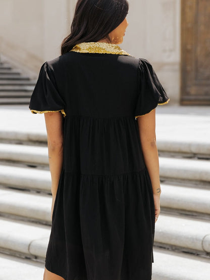 Chic Black Sequin-Trimmed Mini Shirt Dress with Bubble Sleeves