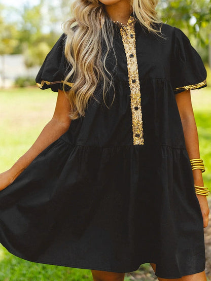 Chic Black Sequin-Trimmed Mini Shirt Dress with Bubble Sleeves