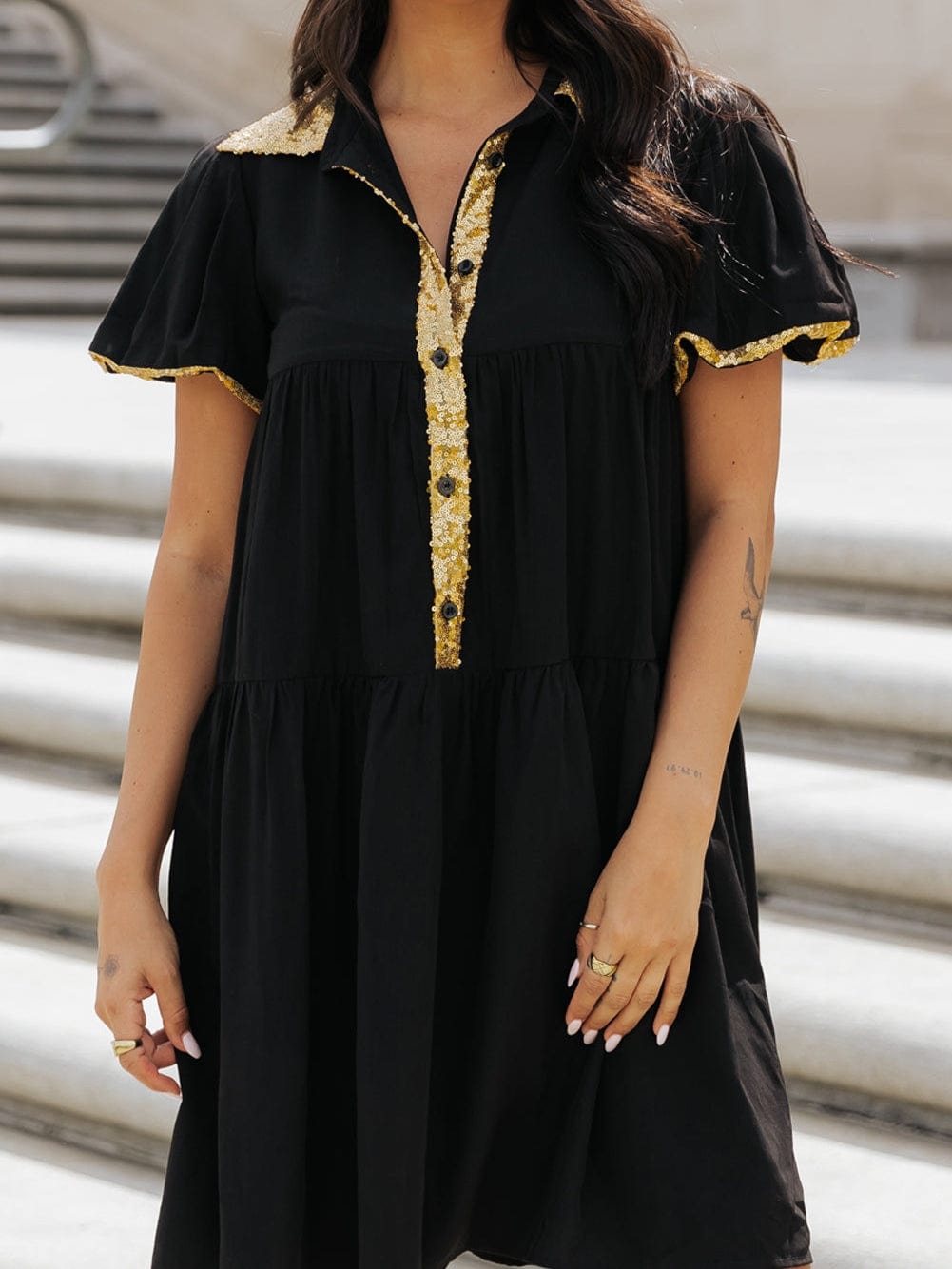 Chic Black Sequin-Trimmed Mini Shirt Dress with Bubble Sleeves