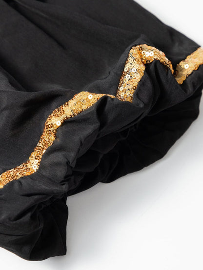 Chic Black Sequin-Trimmed Mini Shirt Dress with Bubble Sleeves