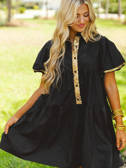 Chic Black Sequin-Trimmed Mini Shirt Dress with Bubble Sleeves