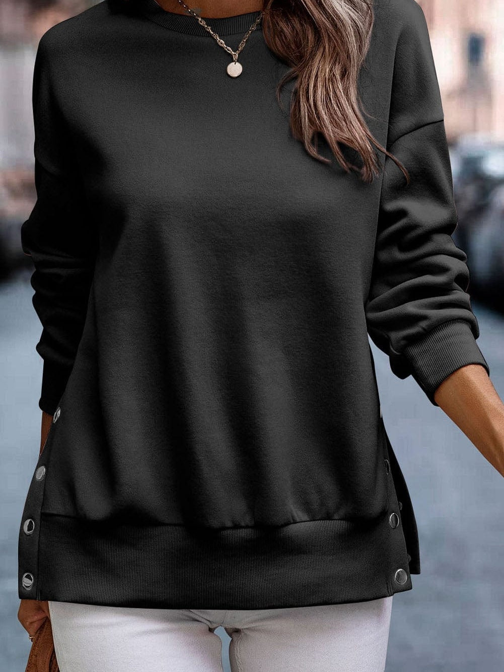 Chic Black Snap Buttoned Pullover with Side Splits