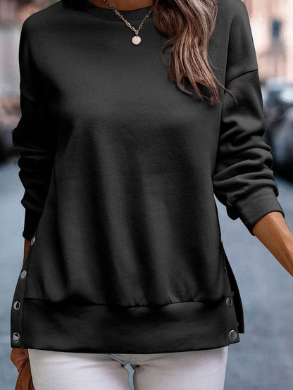 Chic Black Snap Buttoned Pullover with Side Splits