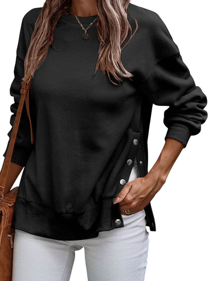 Chic Black Snap Buttoned Pullover with Side Splits