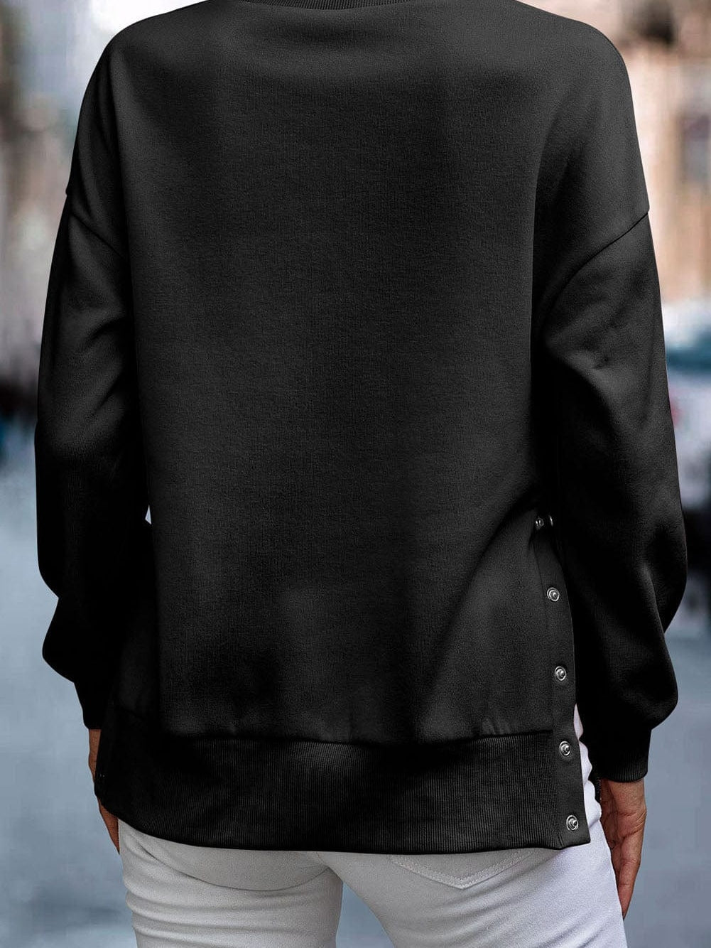 Chic Black Snap Buttoned Pullover with Side Splits