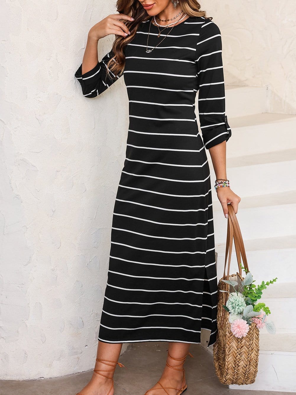 Chic Black Stripe Split Maxi Dress