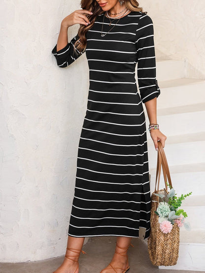 Chic Black Stripe Split Maxi Dress