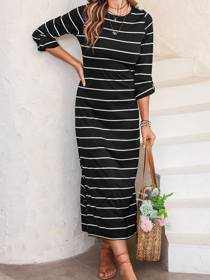Chic Black Stripe Split Maxi Dress