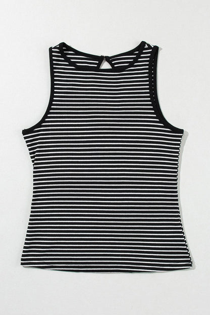 Chic Black Striped Print Ribbed Knit Tank Top