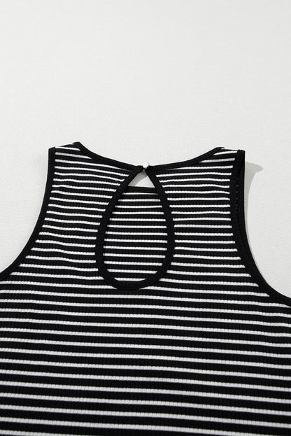 Chic Black Striped Print Ribbed Knit Tank Top