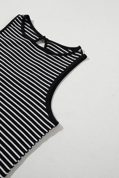 Chic Black Striped Print Ribbed Knit Tank Top
