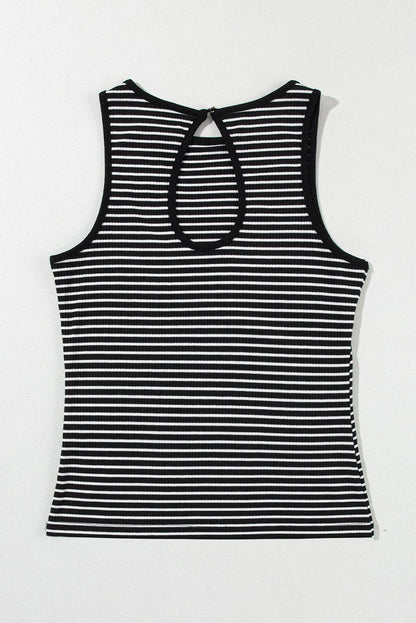 Chic Black Striped Print Ribbed Knit Tank Top