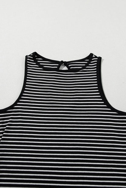 Chic Black Striped Print Ribbed Knit Tank Top