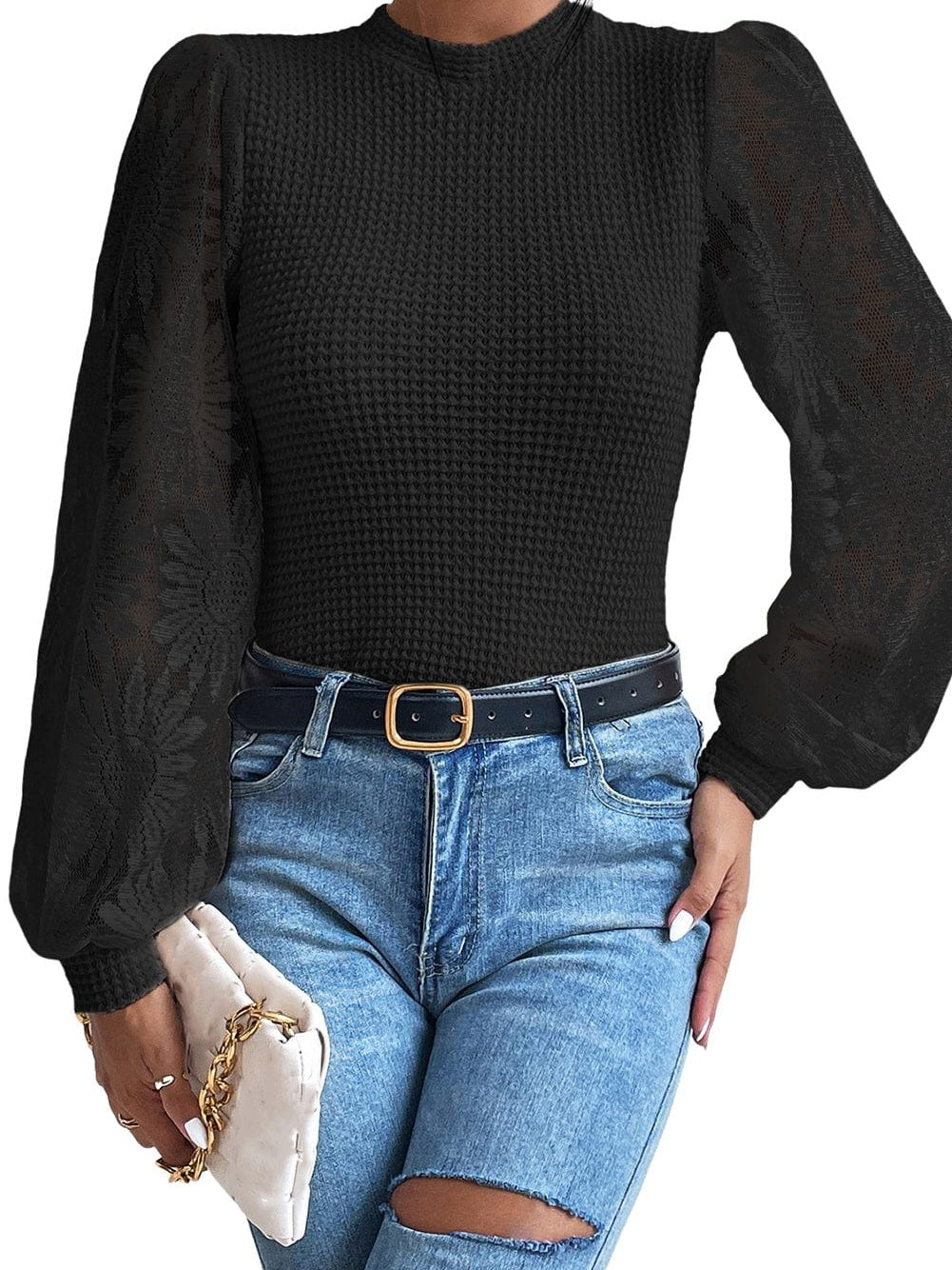 Chic Black Sunflower Mesh Bubble Sleeve Waffle Knit Blouse