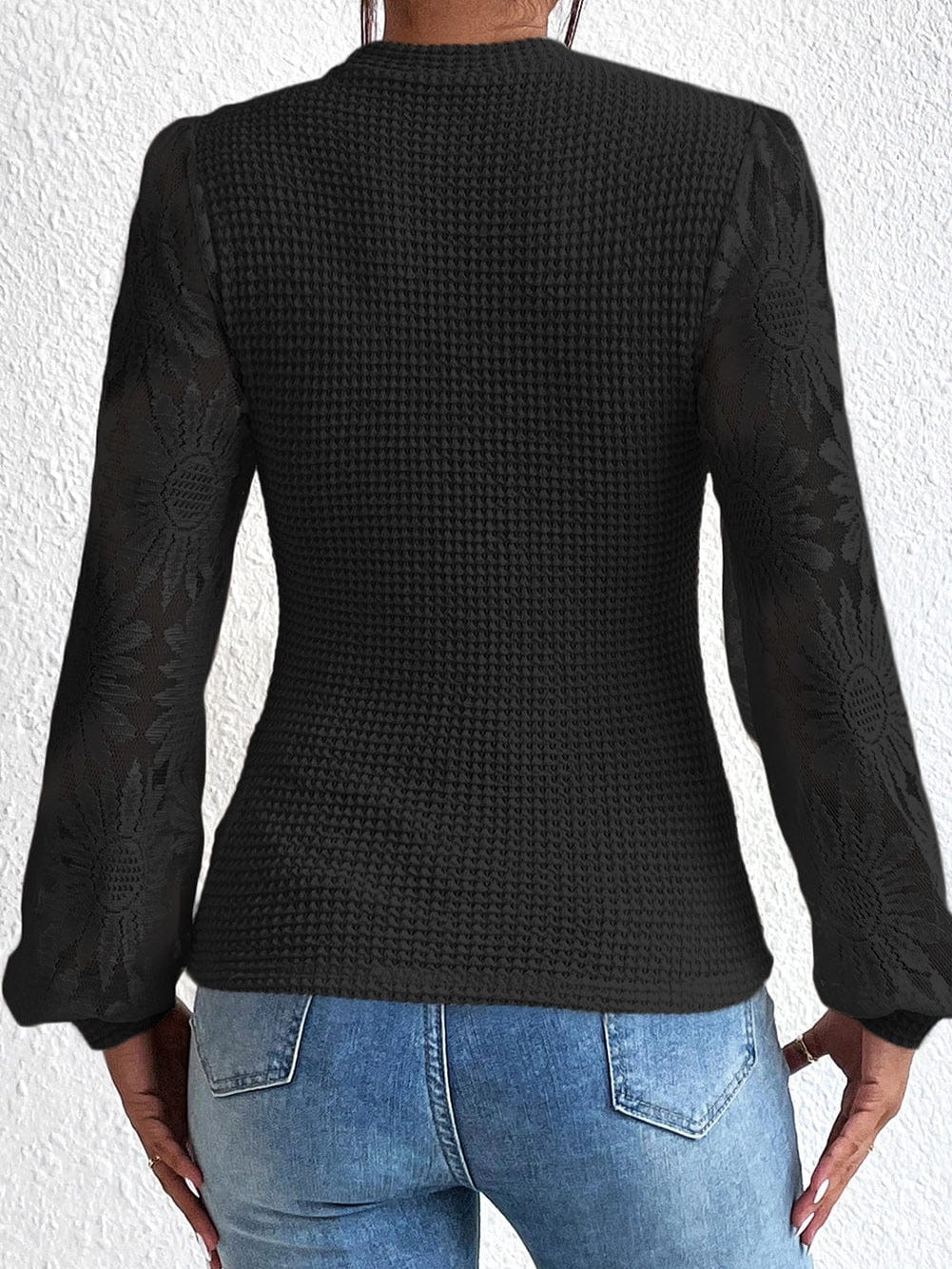 Chic Black Sunflower Mesh Bubble Sleeve Waffle Knit Blouse