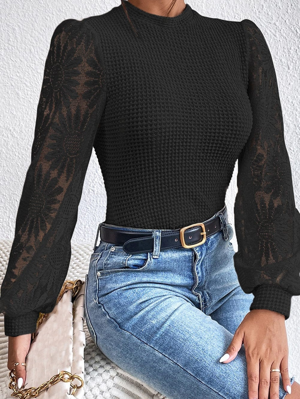 Chic Black Sunflower Mesh Bubble Sleeve Waffle Knit Blouse