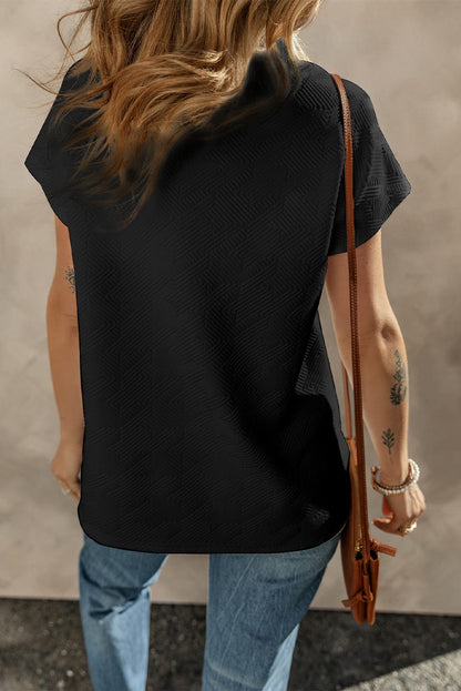 Chic Black Textured V Neck Short Sleeve Top with Collar