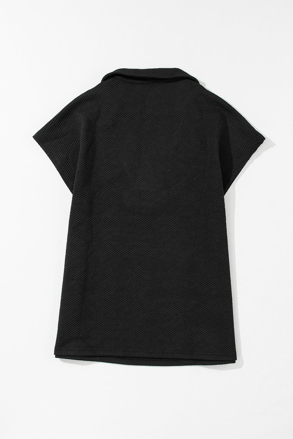 Chic Black Textured V Neck Short Sleeve Top with Collar