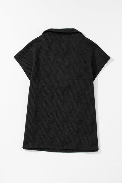 Chic Black Textured V Neck Short Sleeve Top with Collar