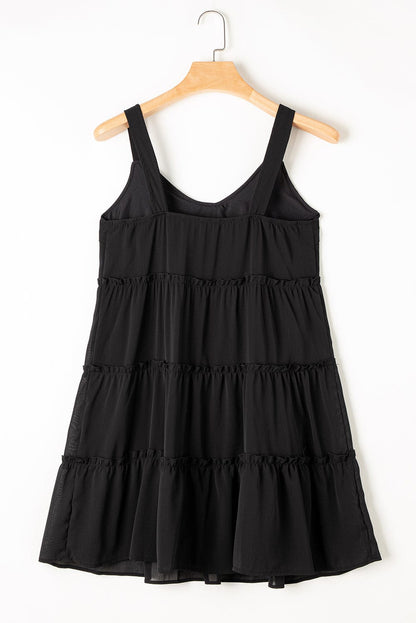Chic Black Tiered Sleeveless Summer Dress with Button Detail