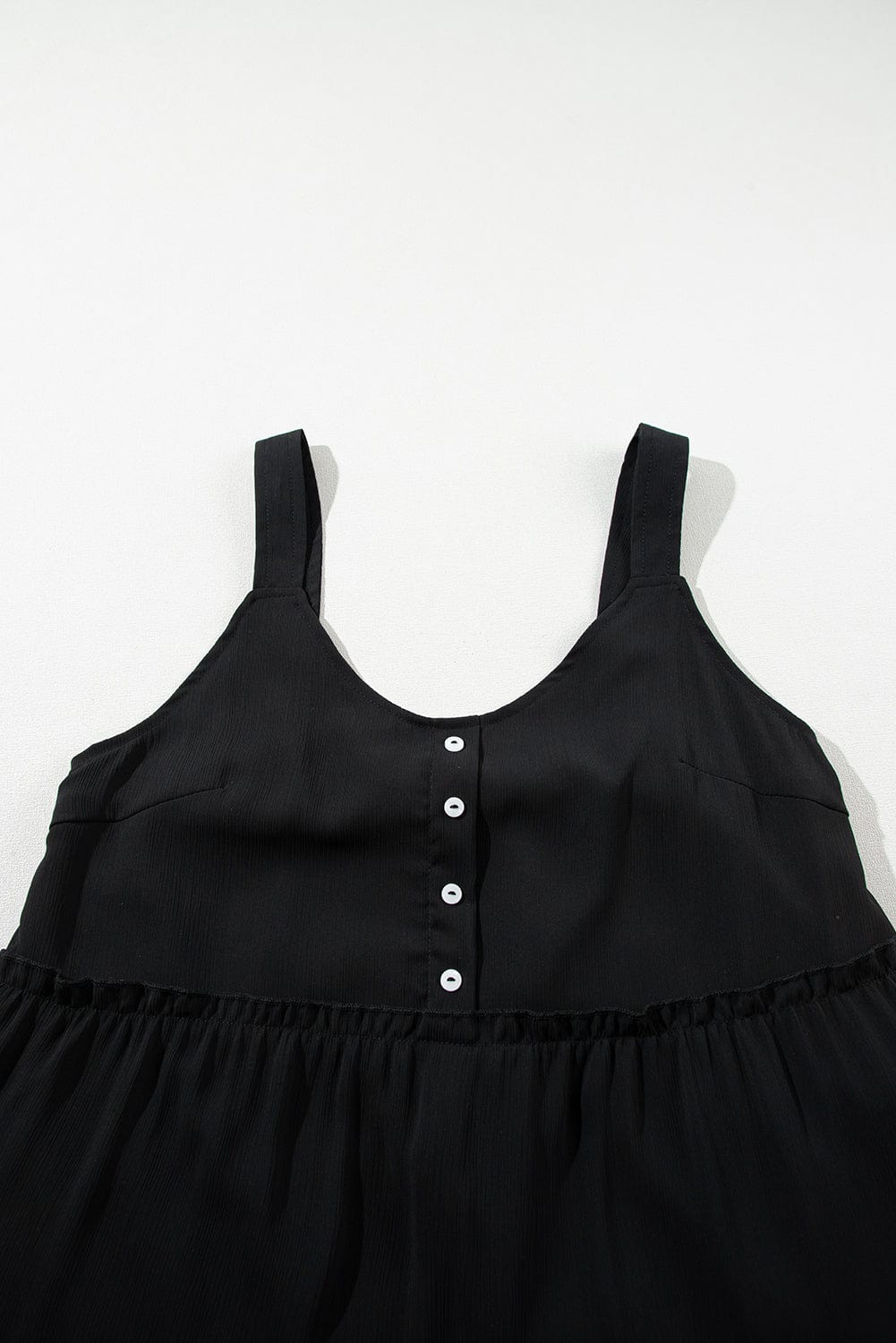 Chic Black Tiered Sleeveless Summer Dress with Button Detail