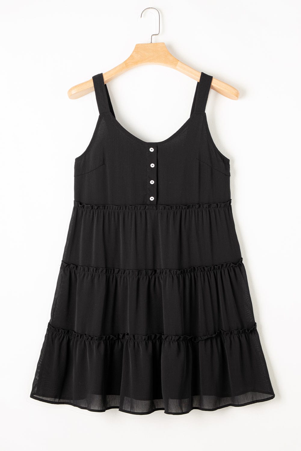 Chic Black Tiered Sleeveless Summer Dress with Button Detail