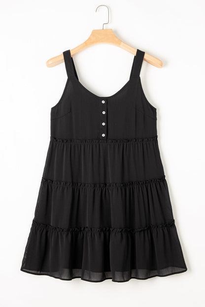 Chic Black Tiered Sleeveless Summer Dress with Button Detail
