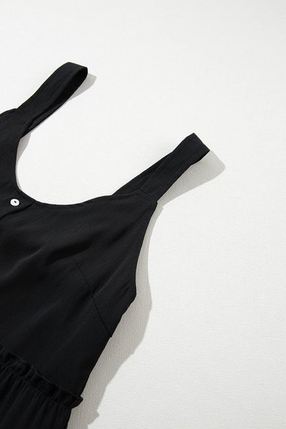 Chic Black Tiered Sleeveless Summer Dress with Button Detail