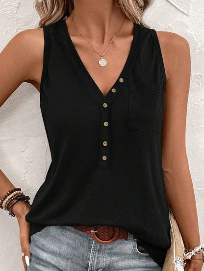 Chic Black V Neck Sleeveless Tank Top with Patched Pocket