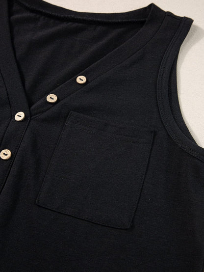 Chic Black V Neck Sleeveless Tank Top with Patched Pocket
