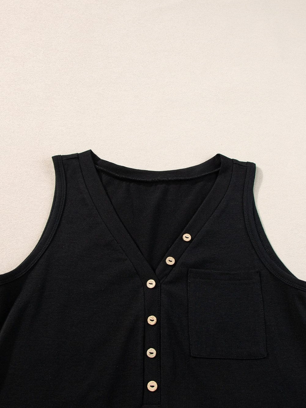 Chic Black V Neck Sleeveless Tank Top with Patched Pocket