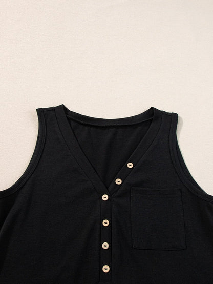 Chic Black V Neck Sleeveless Tank Top with Patched Pocket