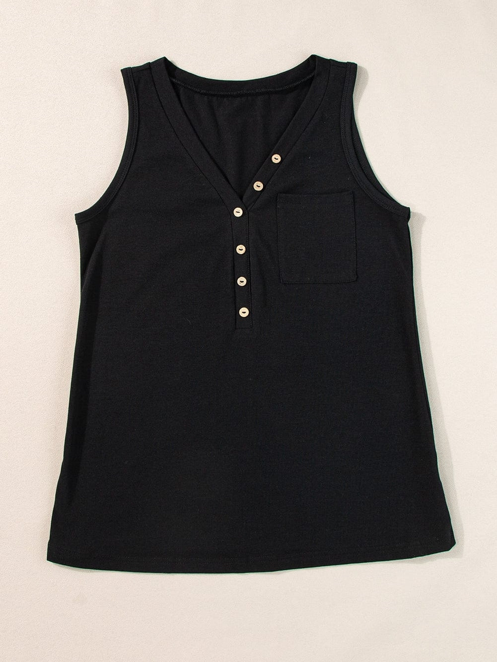 Chic Black V Neck Sleeveless Tank Top with Patched Pocket