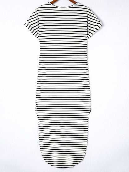 Chic Black V-Neck Striped Maxi Dress with Side Slits