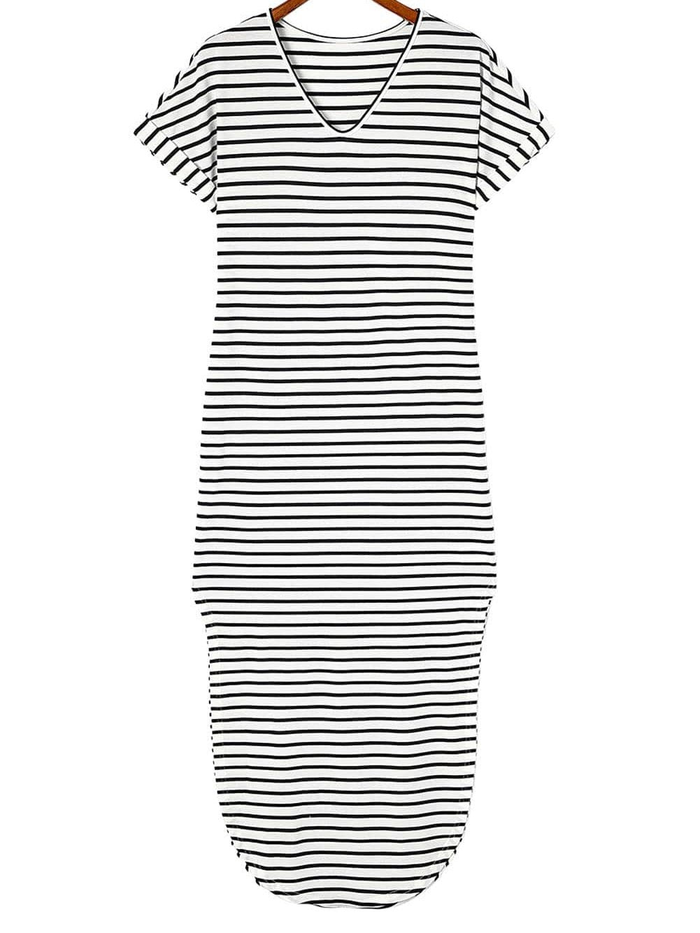 Chic Black V-Neck Striped Maxi Dress with Side Slits