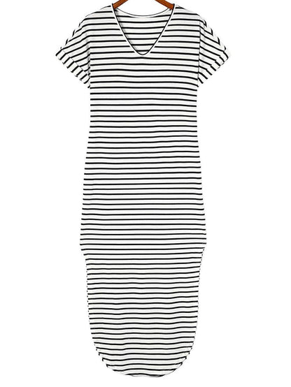 Chic Black V-Neck Striped Maxi Dress with Side Slits