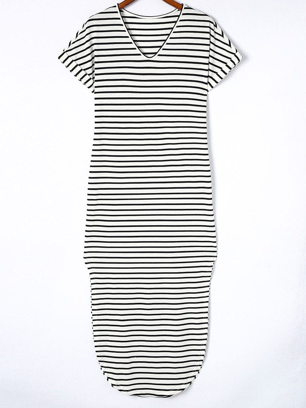 Chic Black V-Neck Striped Maxi Dress with Side Slits