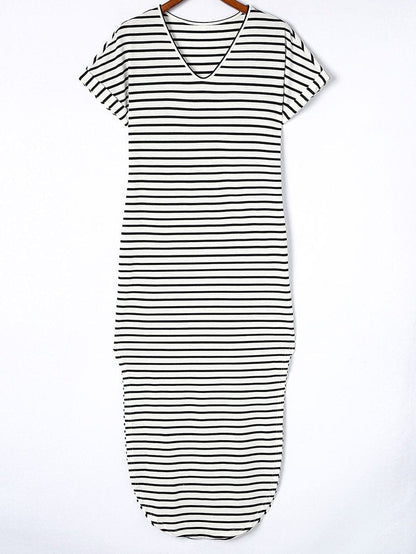 Chic Black V-Neck Striped Maxi Dress with Side Slits