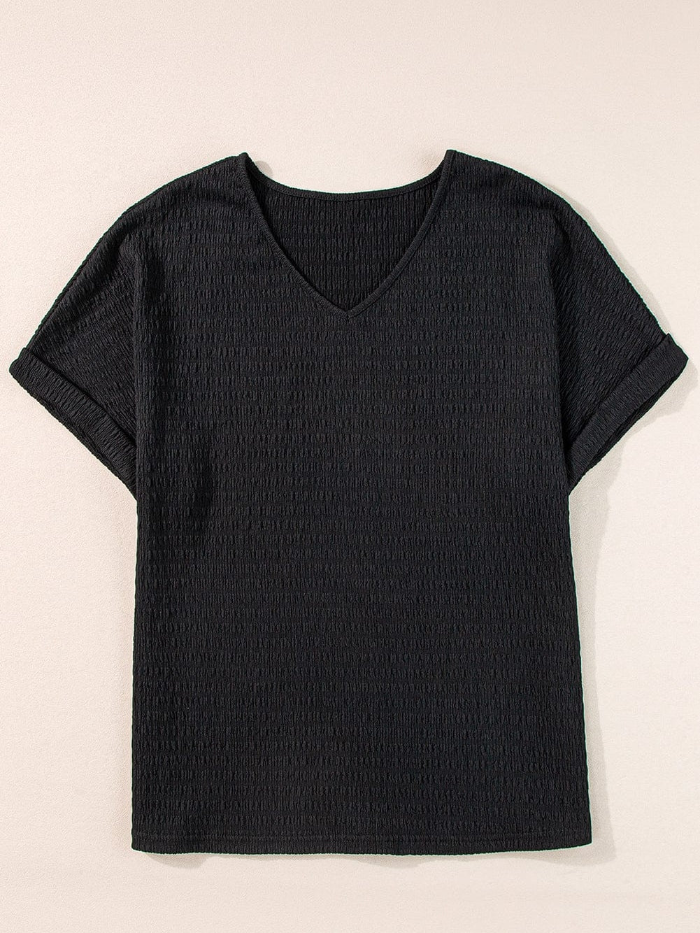 Chic Black V Neck Tee with Rolled Sleeves