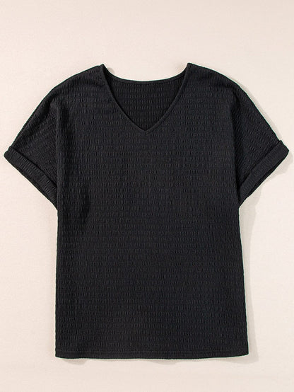 Chic Black V Neck Tee with Rolled Sleeves