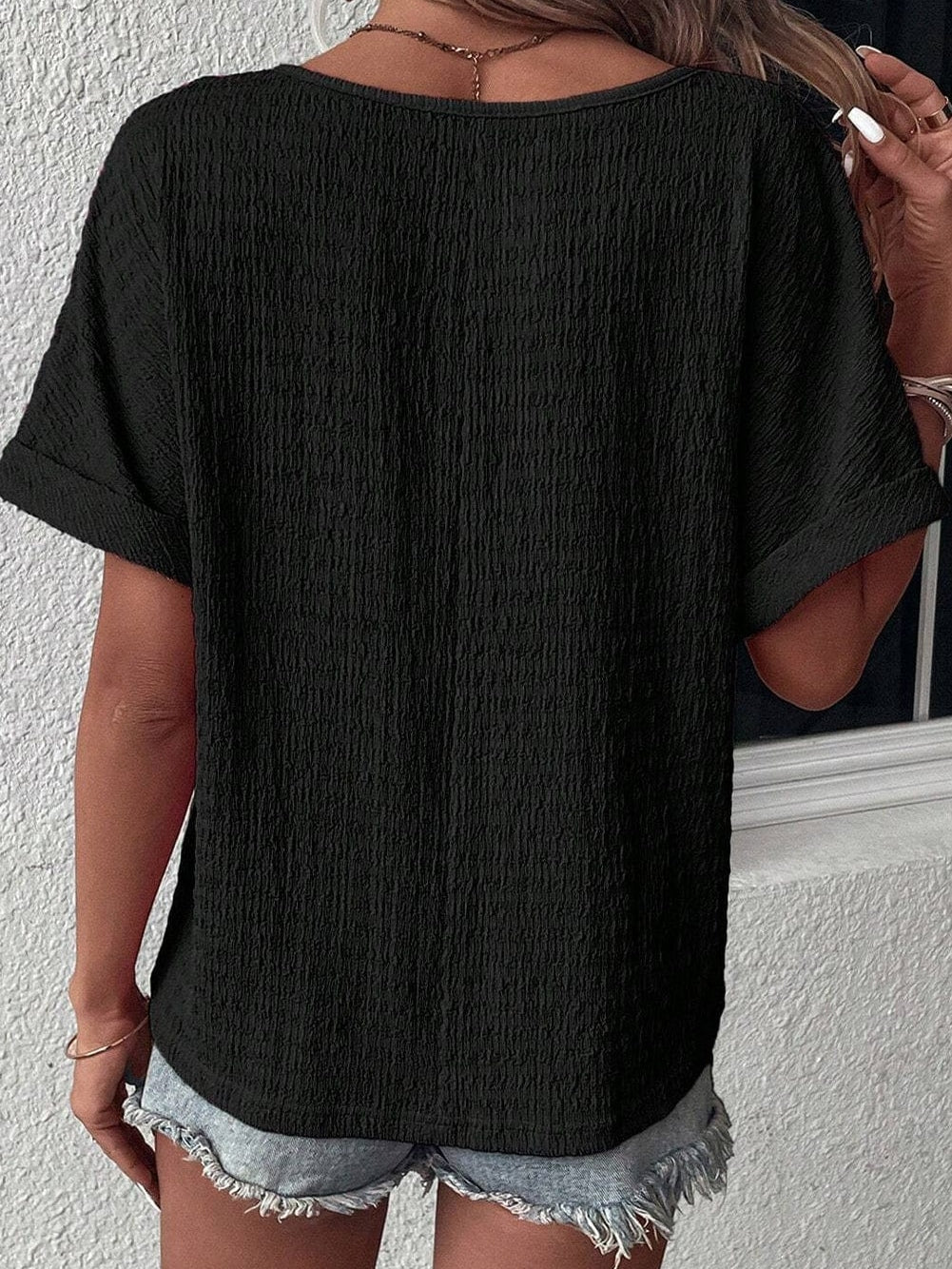 Chic Black V Neck Tee with Rolled Sleeves