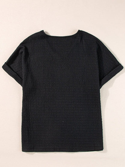 Chic Black V Neck Tee with Rolled Sleeves