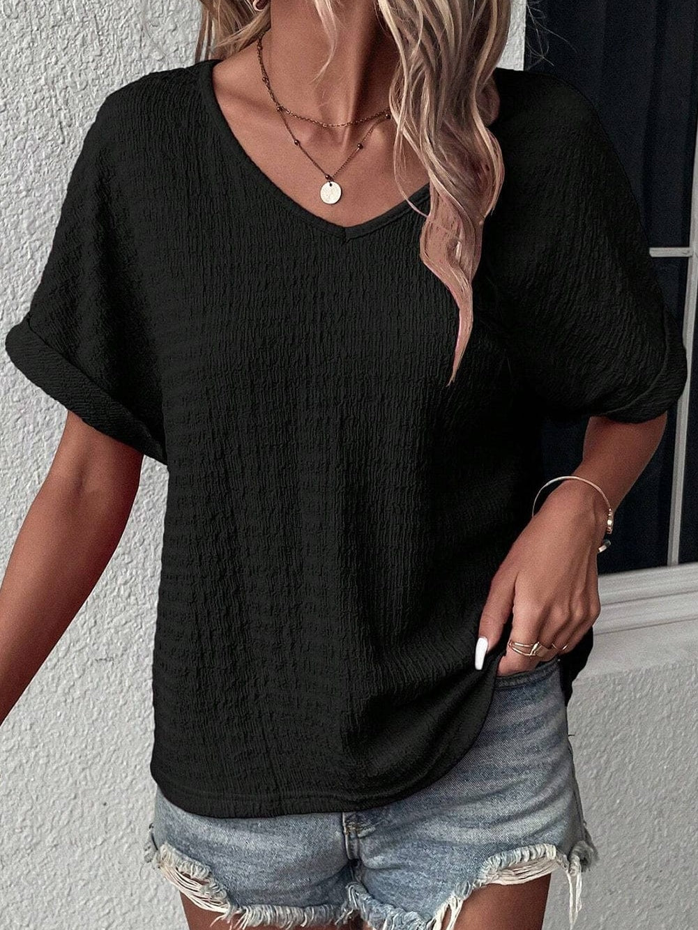 Chic Black V Neck Tee with Rolled Sleeves