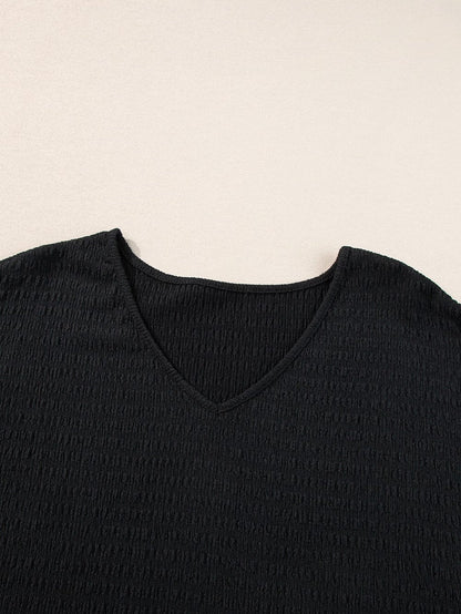 Chic Black V Neck Tee with Rolled Sleeves