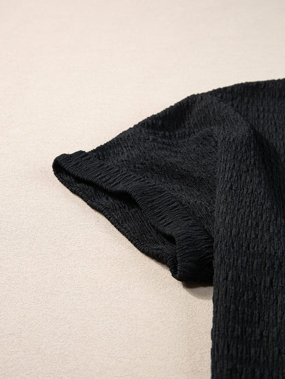 Chic Black V Neck Tee with Rolled Sleeves