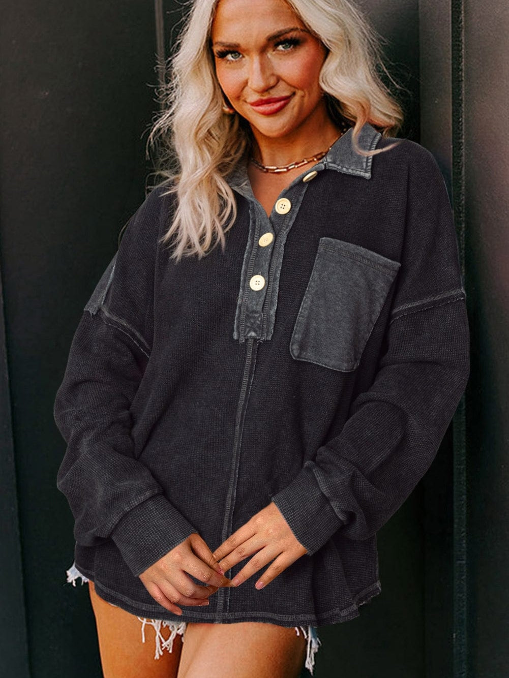 Chic Black Waffle Knit Henley Pullover