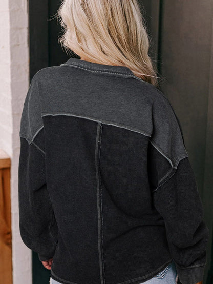 Chic Black Waffle Knit Henley Pullover