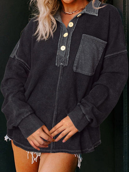 Chic Black Waffle Knit Henley Pullover