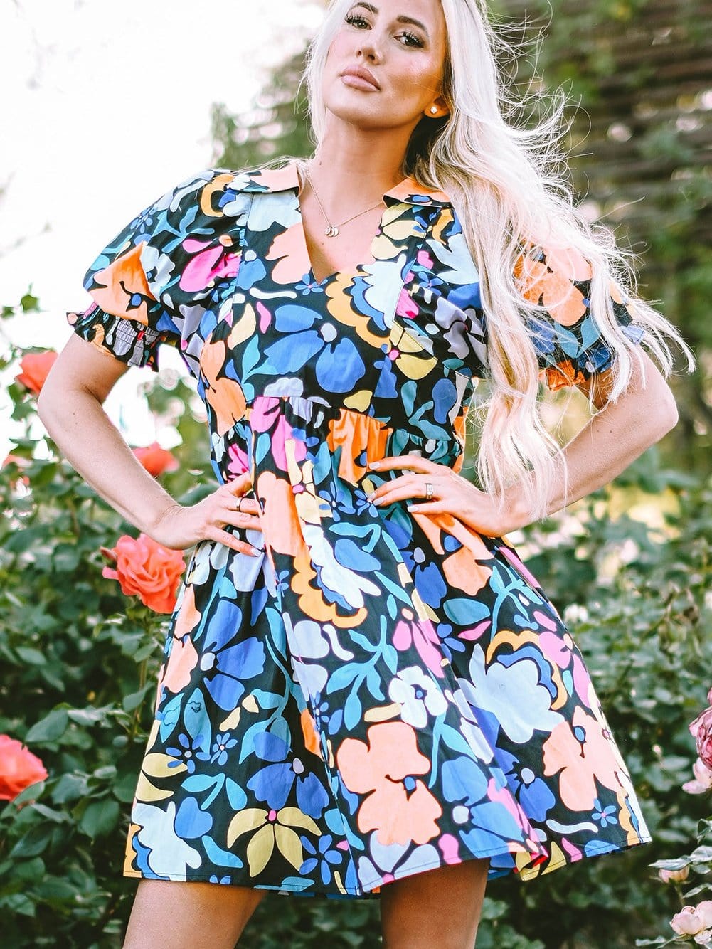 Chic Blue Floral Boho Dress